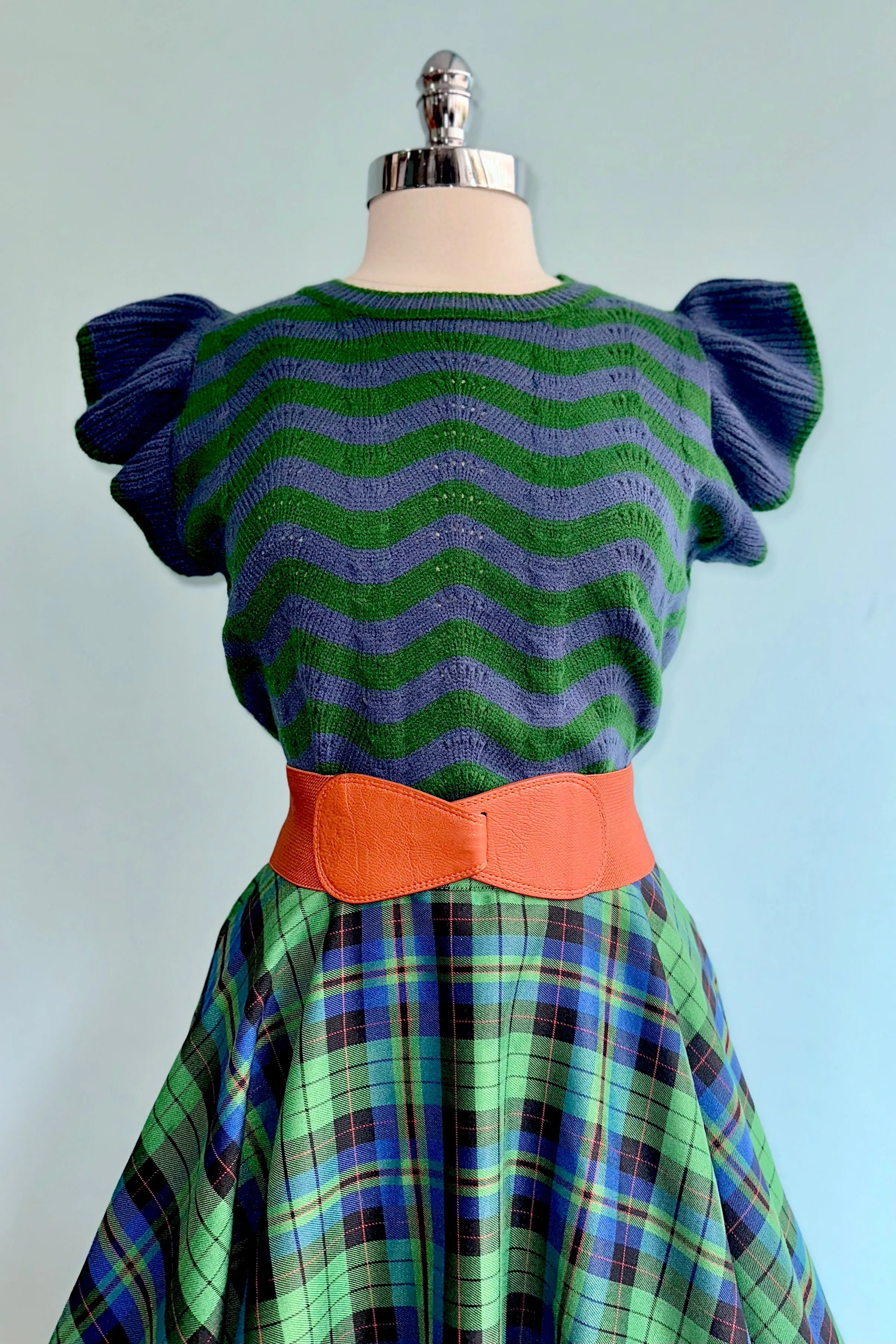 Blue and Green Wave Ruffle Sleeveless Sweater