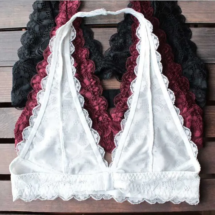 Boho Crochet Neckline Lace Halter Backless Bralette Padded