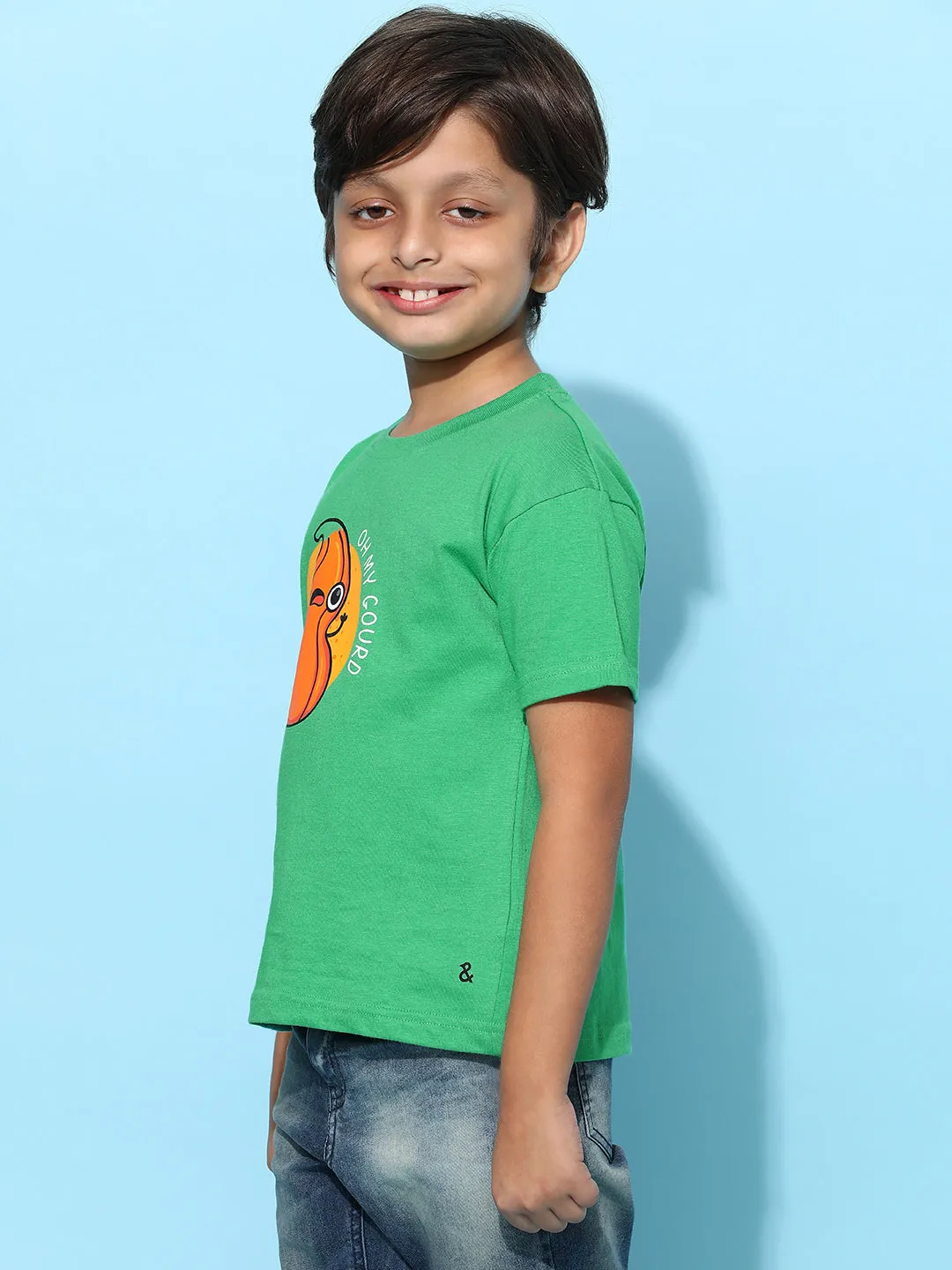 Boys Green 100% Cotton Printed T-shirt