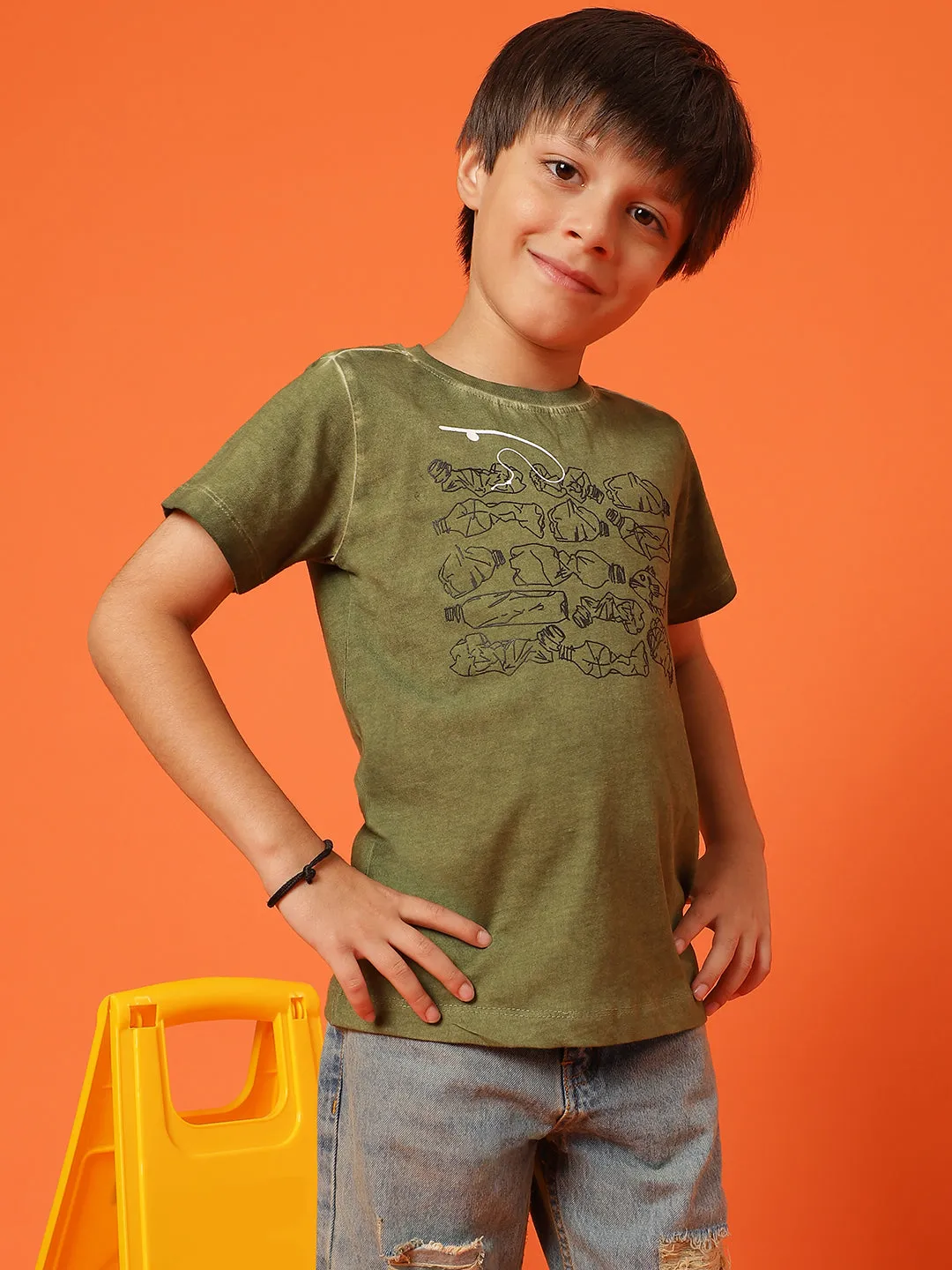 Boys Green 100% Cotton Printed T-shirt