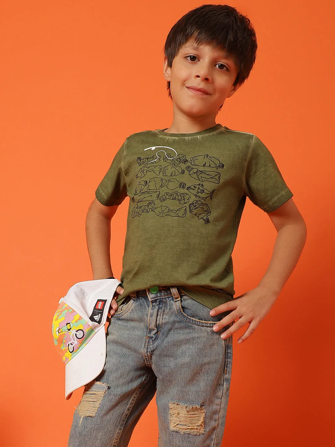 Boys Green 100% Cotton Printed T-shirt