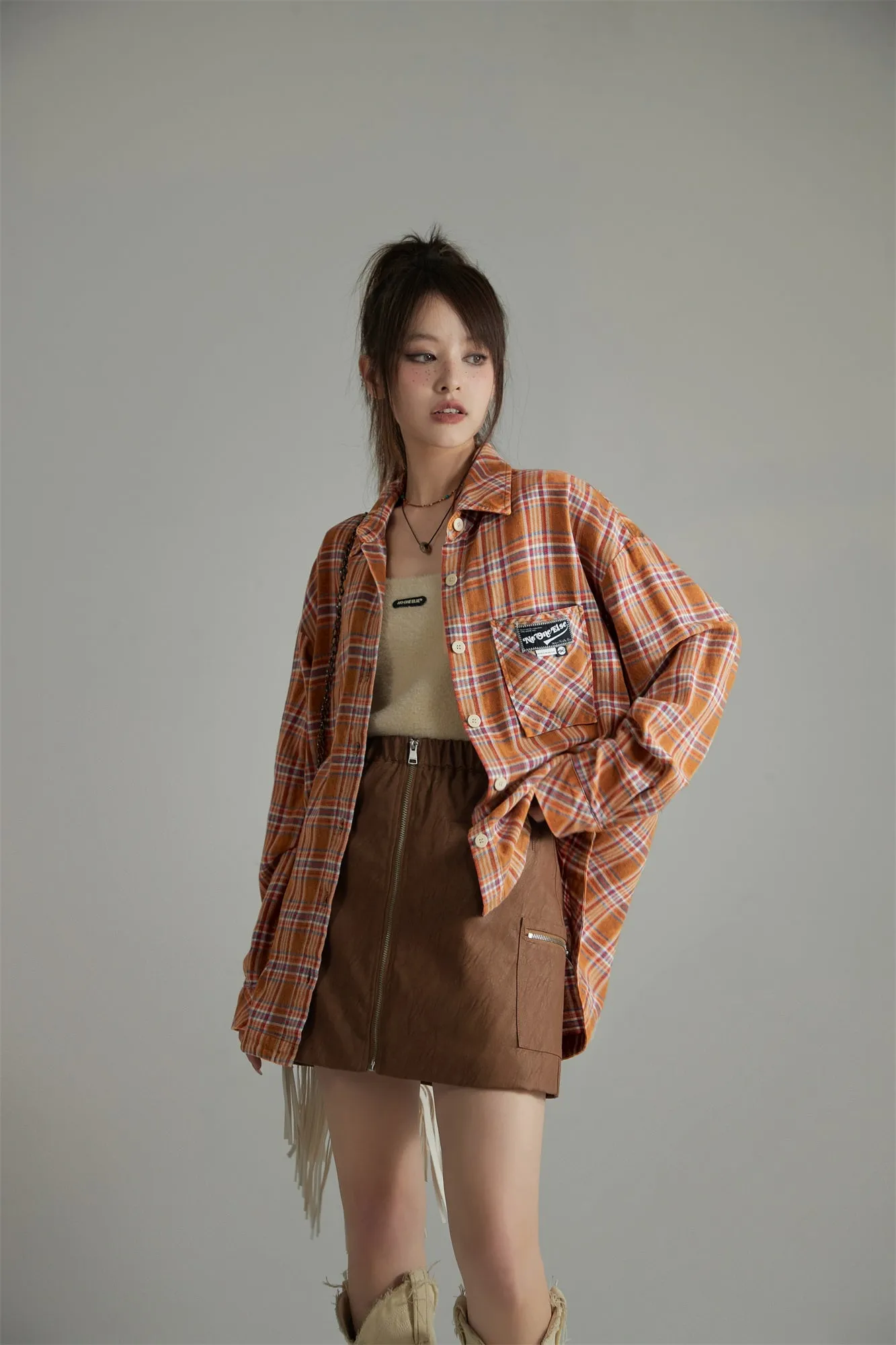 Check Print Loose Fit Button-Up Shirt