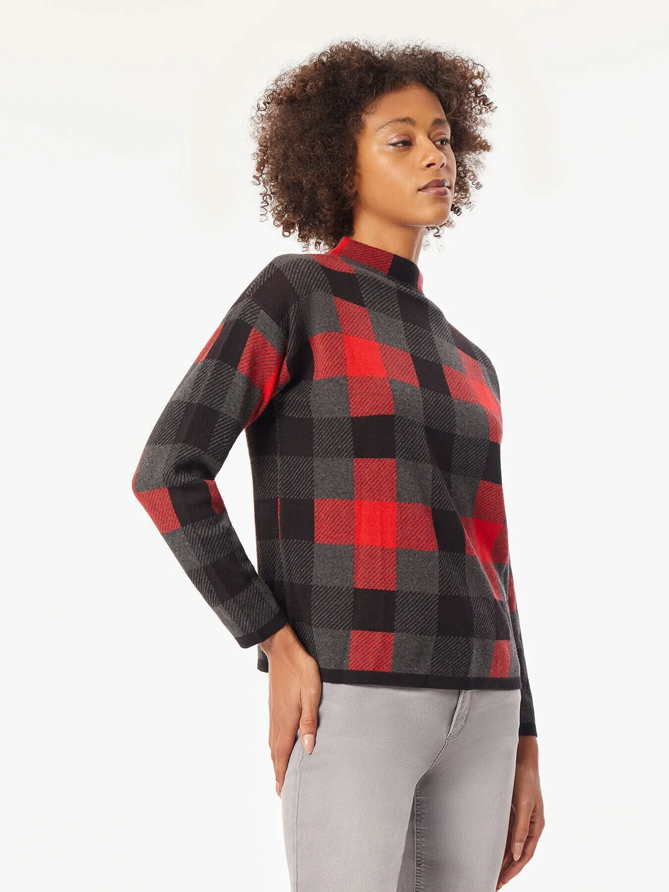 Checked Mock Neck Jacquard Sweater