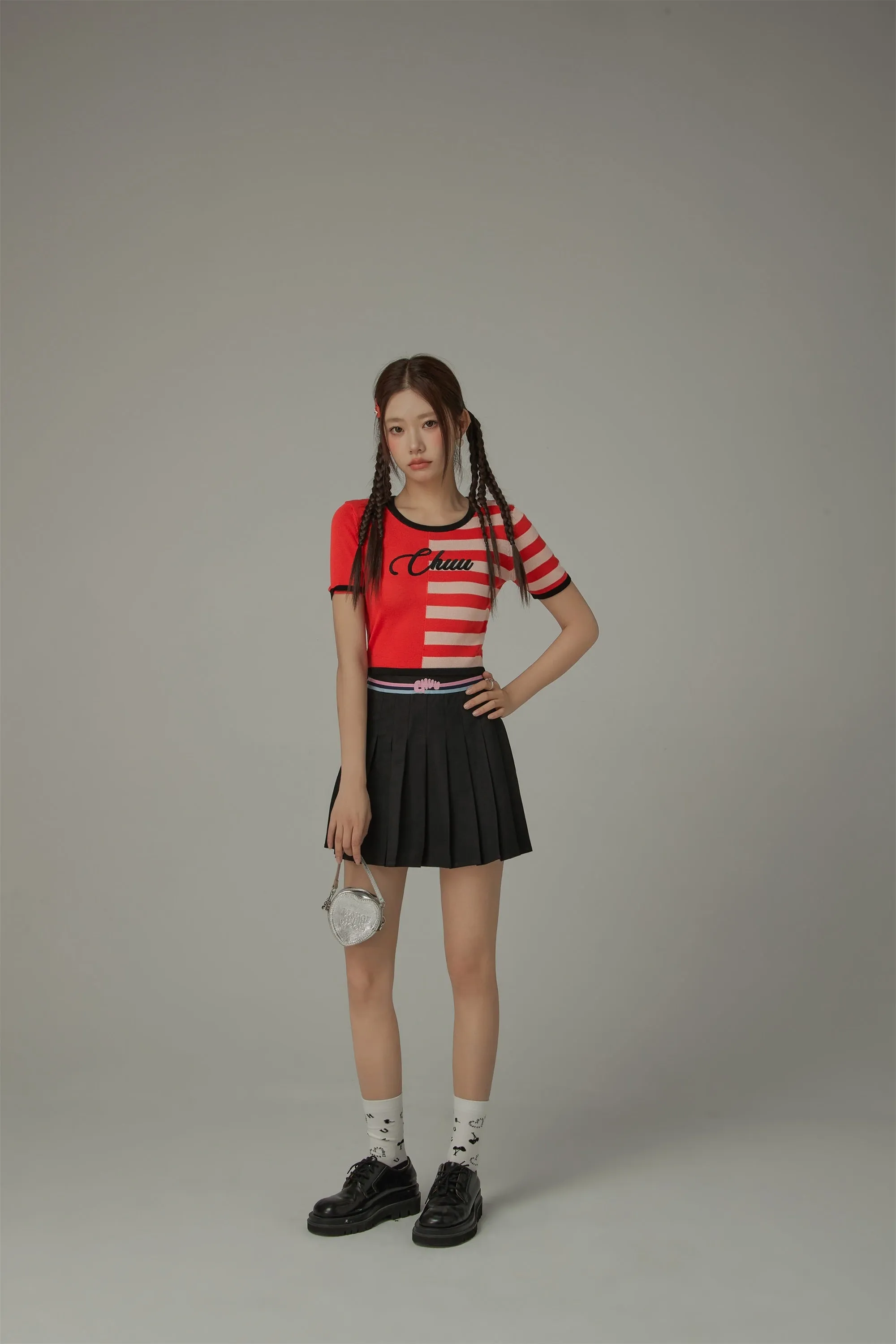 Chuu Lettering Half Striped Colorblocked Knit Crop Top