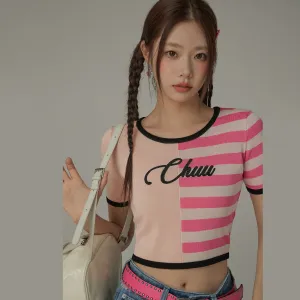 Chuu Lettering Half Striped Colorblocked Knit Crop Top