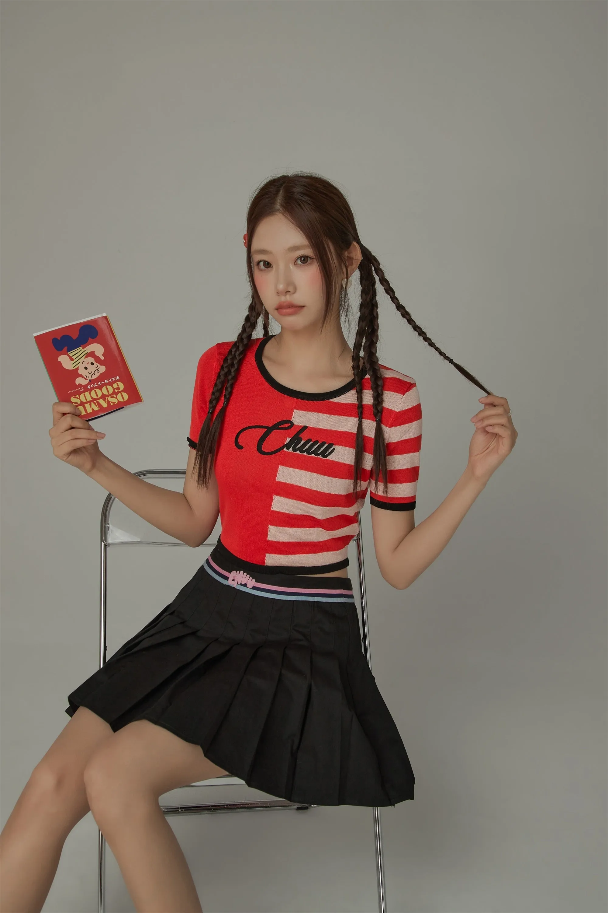 Chuu Lettering Half Striped Colorblocked Knit Crop Top