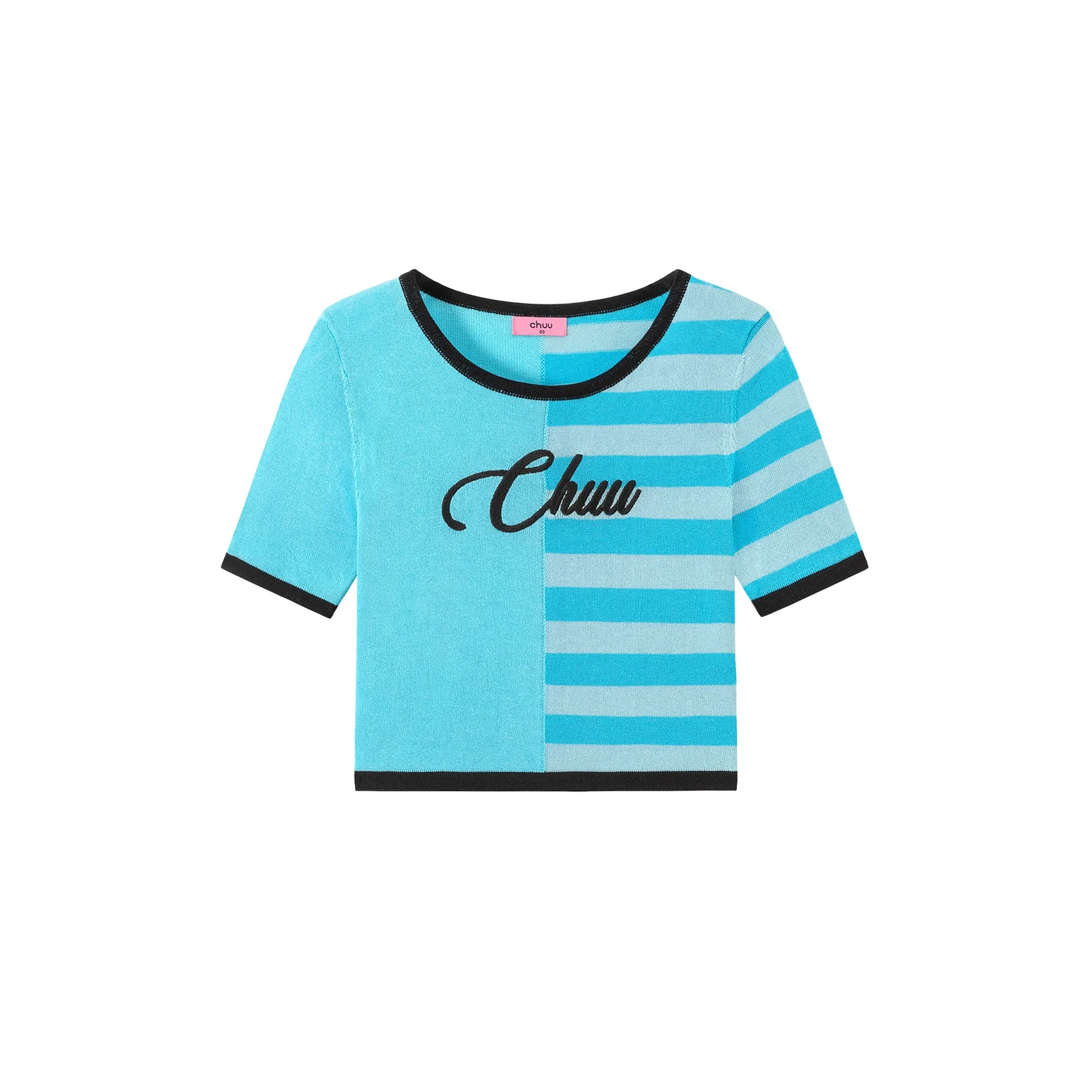 Chuu Lettering Half Striped Colorblocked Knit Crop Top