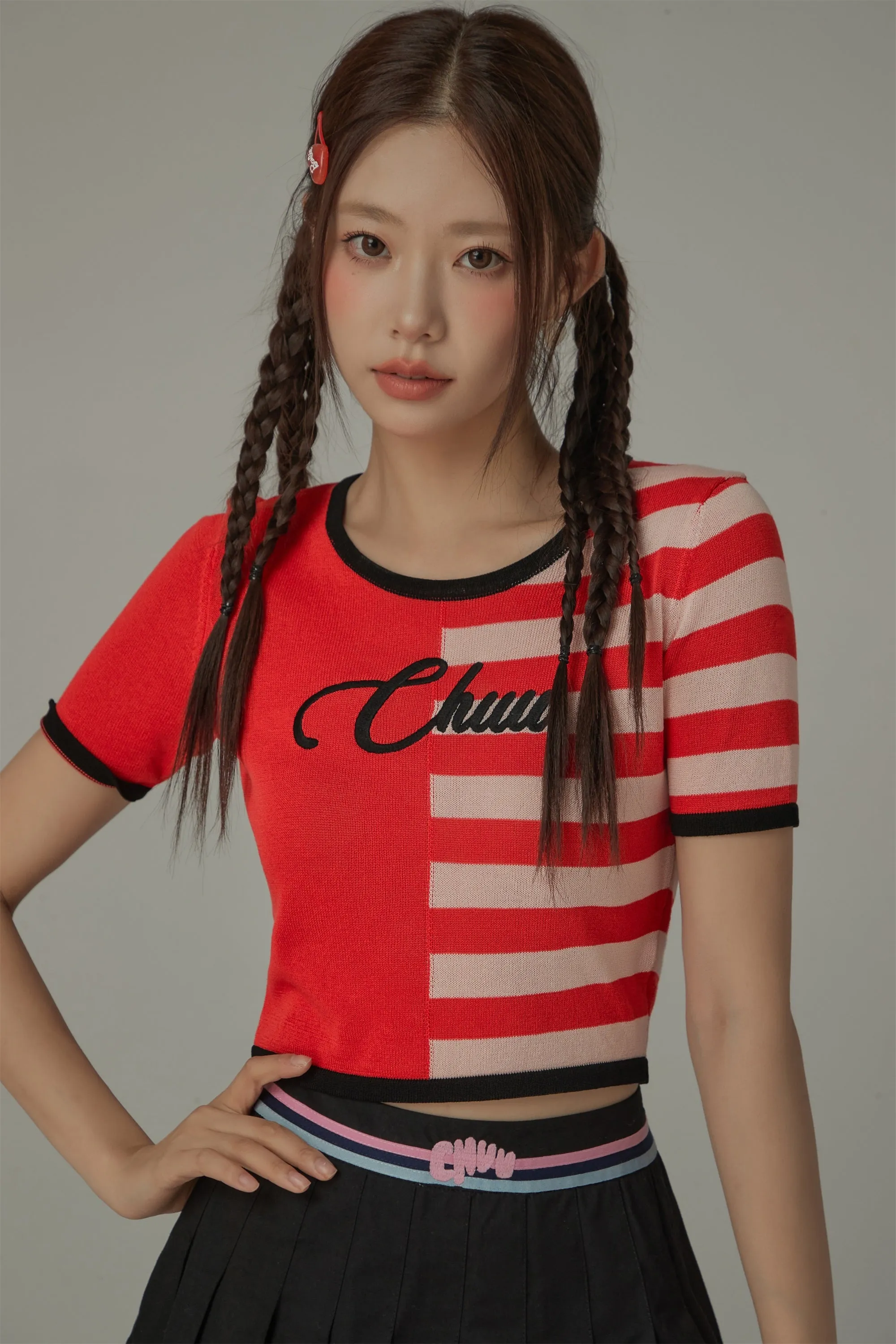 Chuu Lettering Half Striped Colorblocked Knit Crop Top