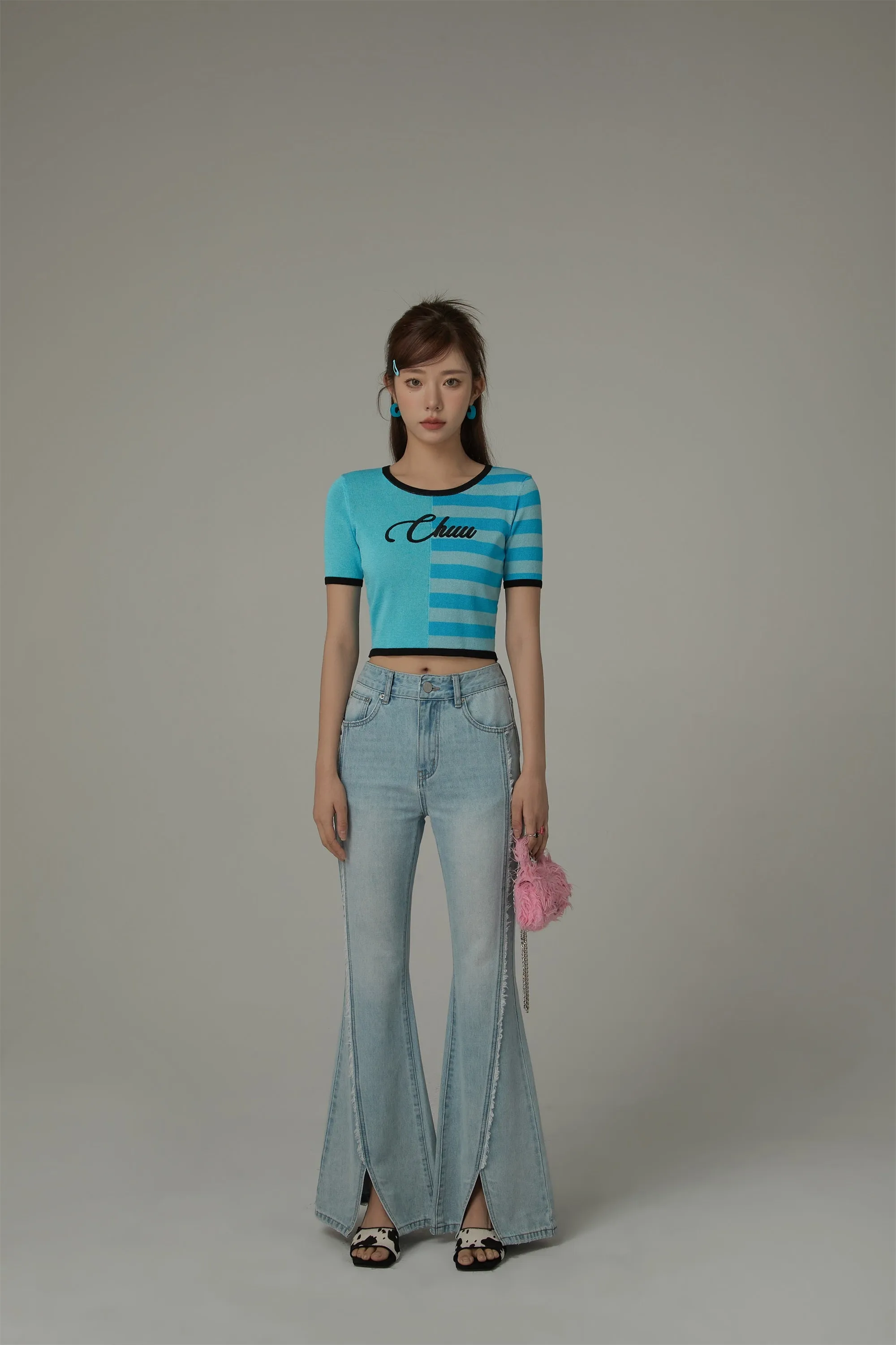 Chuu Lettering Half Striped Colorblocked Knit Crop Top