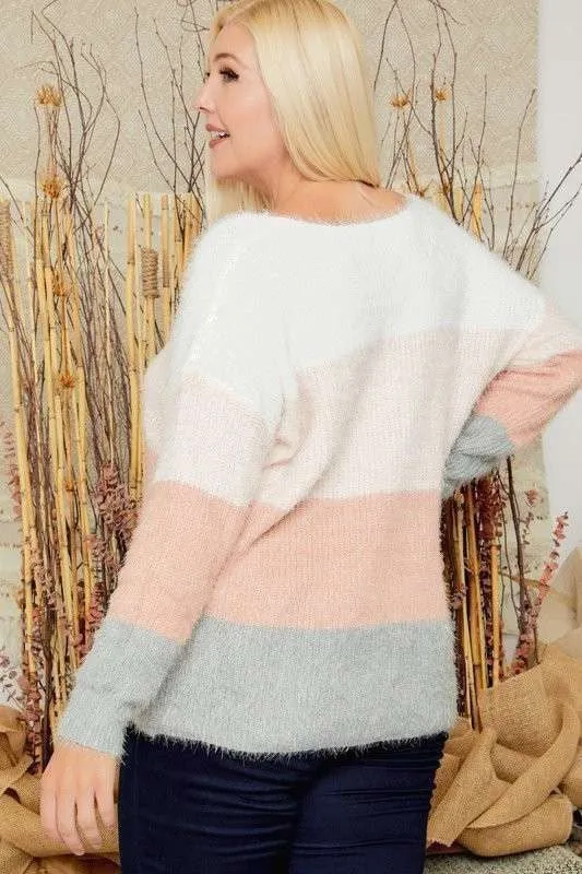 COLOR BLOCK FUZZY KNIT SWEATER - MULTI