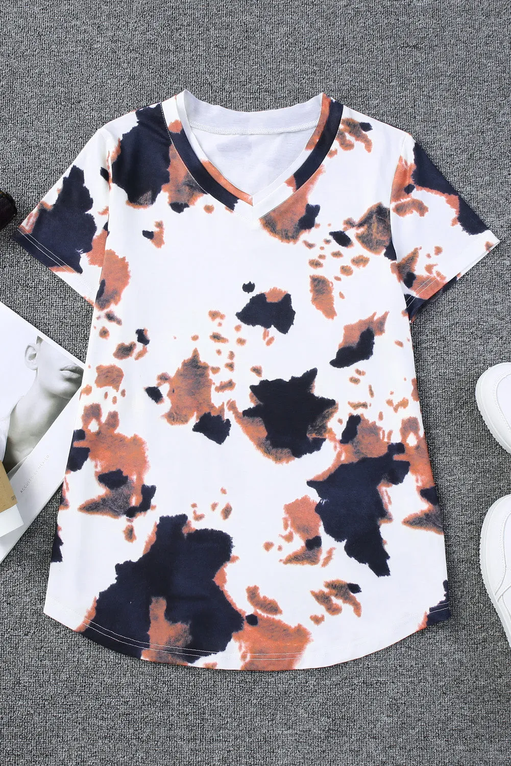 Cow Pattern V Neck T Shirt