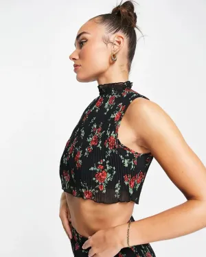 FLORAL PRINT PLEATED COORD SET- CROP TOP