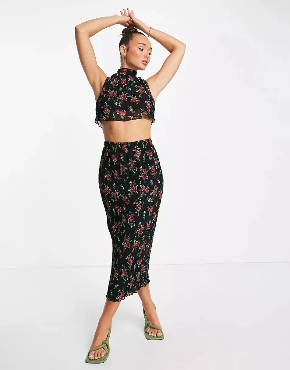 FLORAL PRINT PLEATED COORD SET- CROP TOP