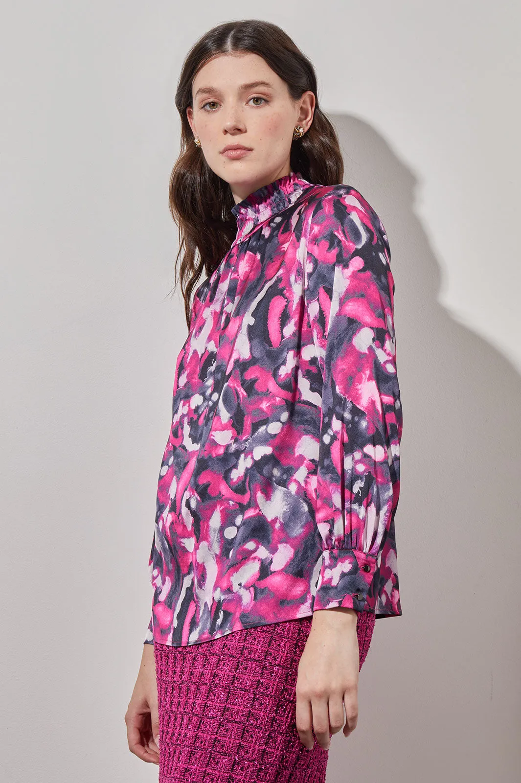 Gathered Neck Blouse - Abstract Print Crepe de Chine