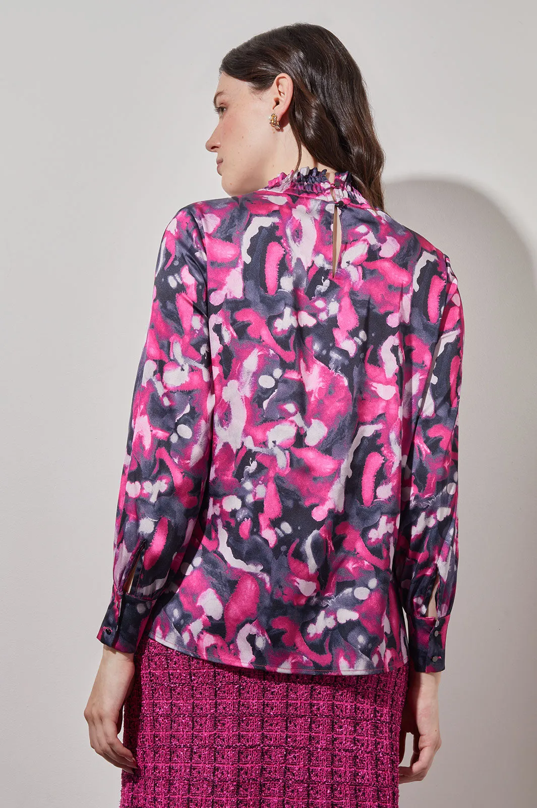 Gathered Neck Blouse - Abstract Print Crepe de Chine