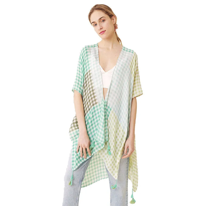 Gingham Check Cover Up Kimono Poncho Beachwear