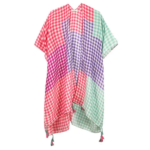 Gingham Check Cover Up Kimono Poncho Beachwear