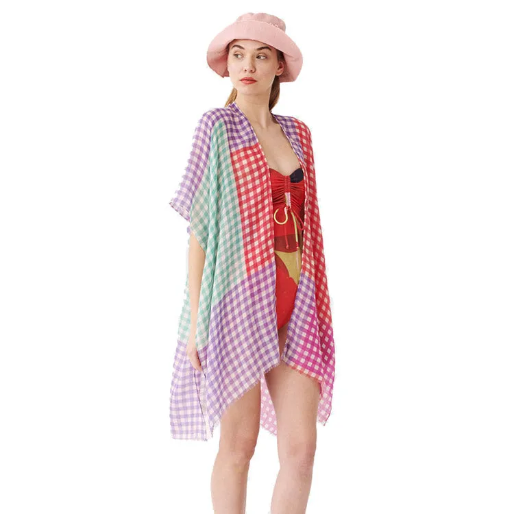 Gingham Check Cover Up Kimono Poncho Beachwear