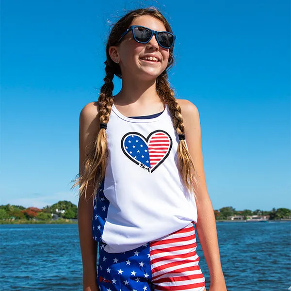 Girls Active Tank | White | Stars Pinstripe