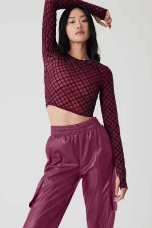 Mesh Plaid Cropped Long Sleeve Top - Wild Berry