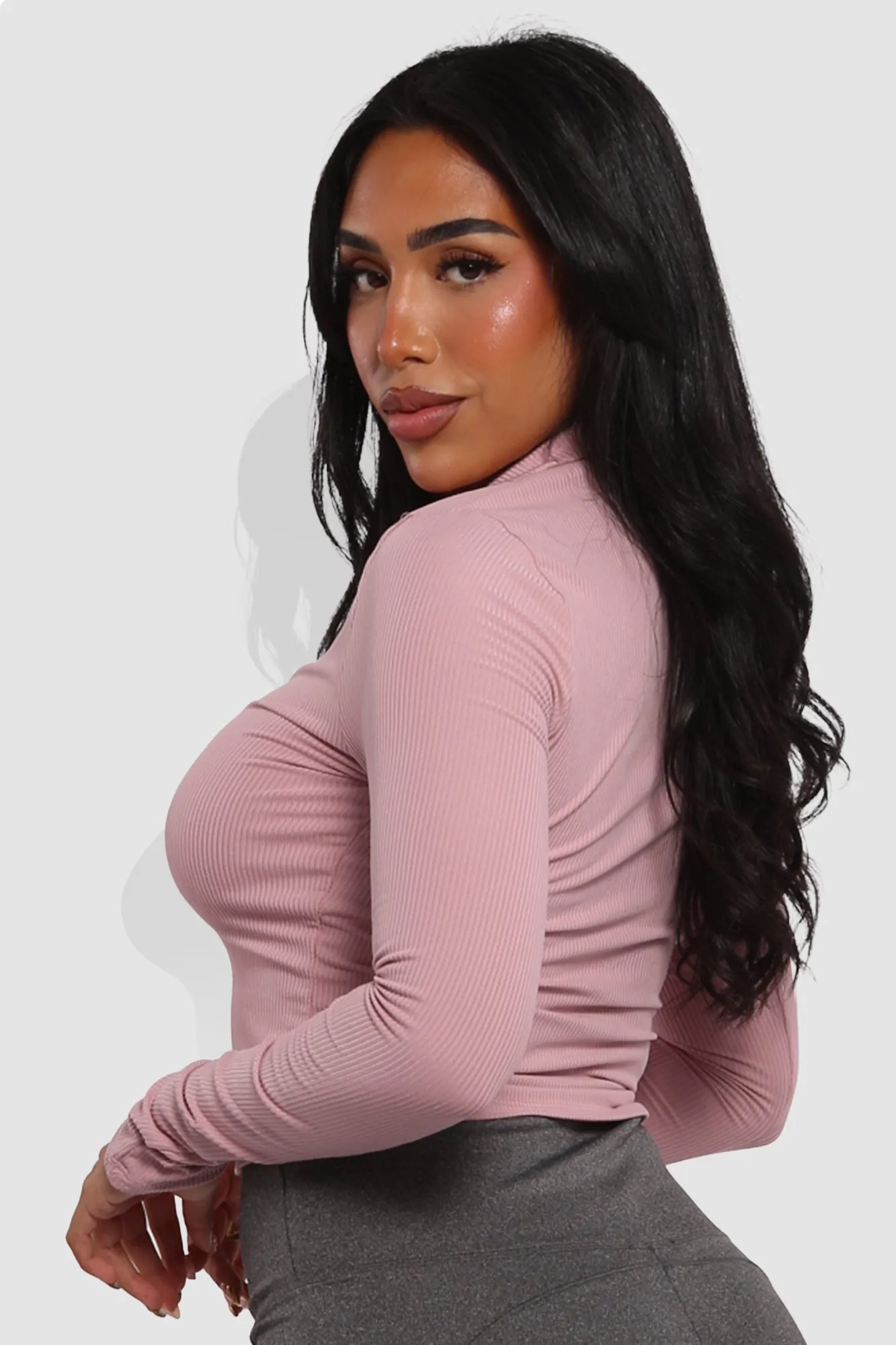 Mock Neck Long Sleeve Rib Knit Zip Up Crop Tops - Mauve