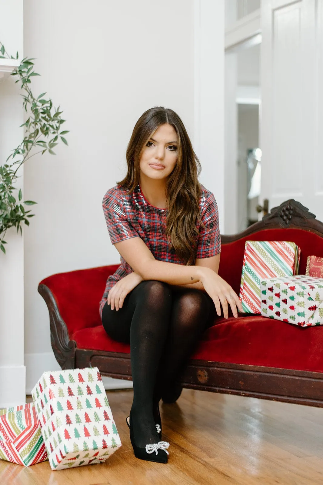 Red Plaid Sequin Shorts Set