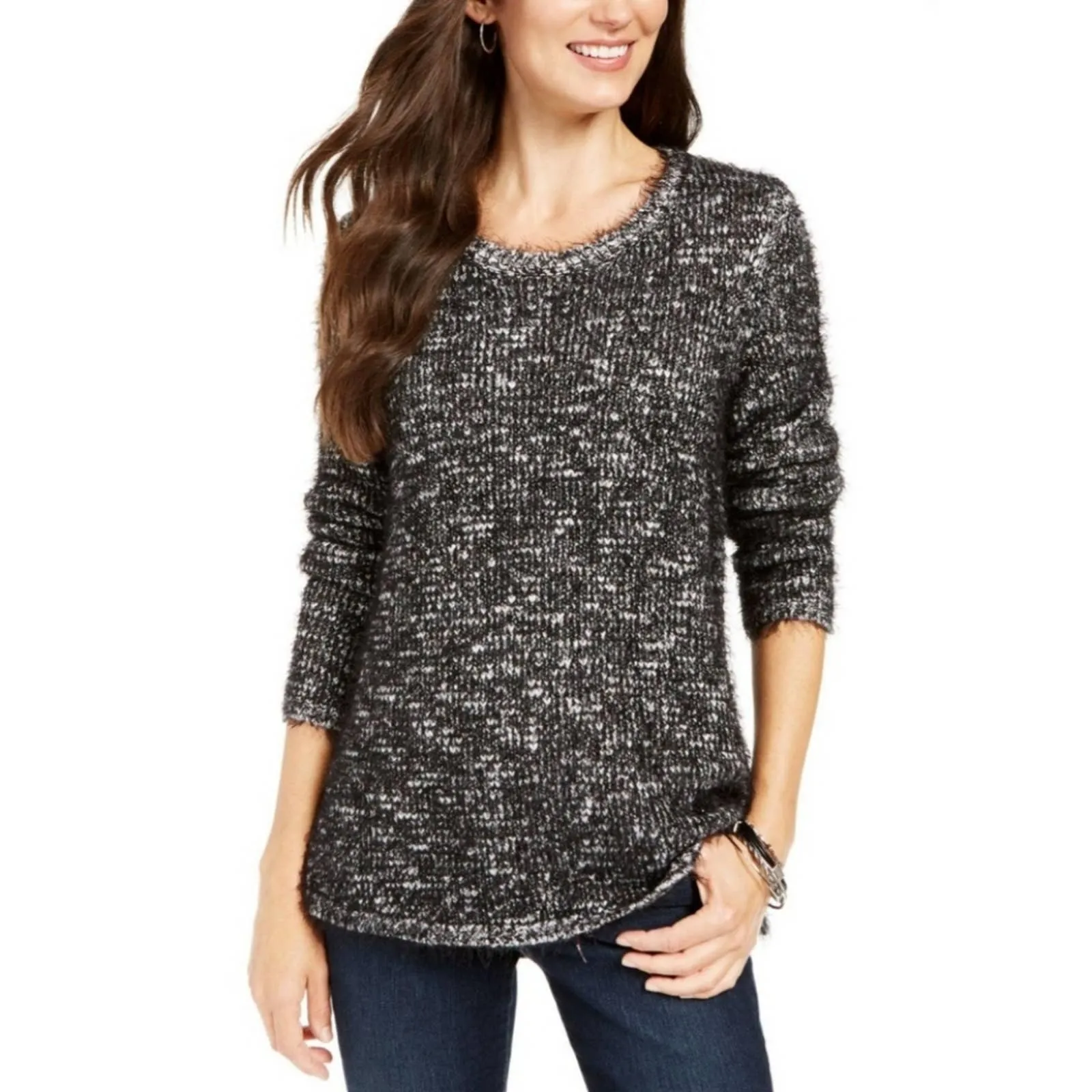 Style & Co Marled Eyelash Texture Sweater Black Large