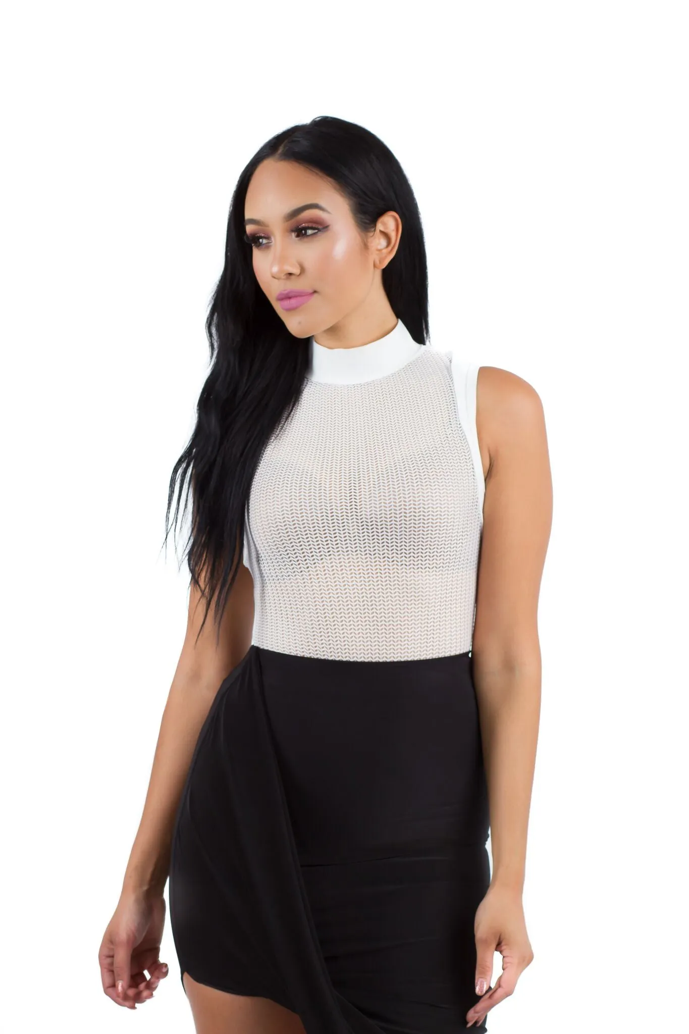 THE MYSTYLEMODE WHITE NETTED MOCK NECK SLEEVELESS BODYSUIT