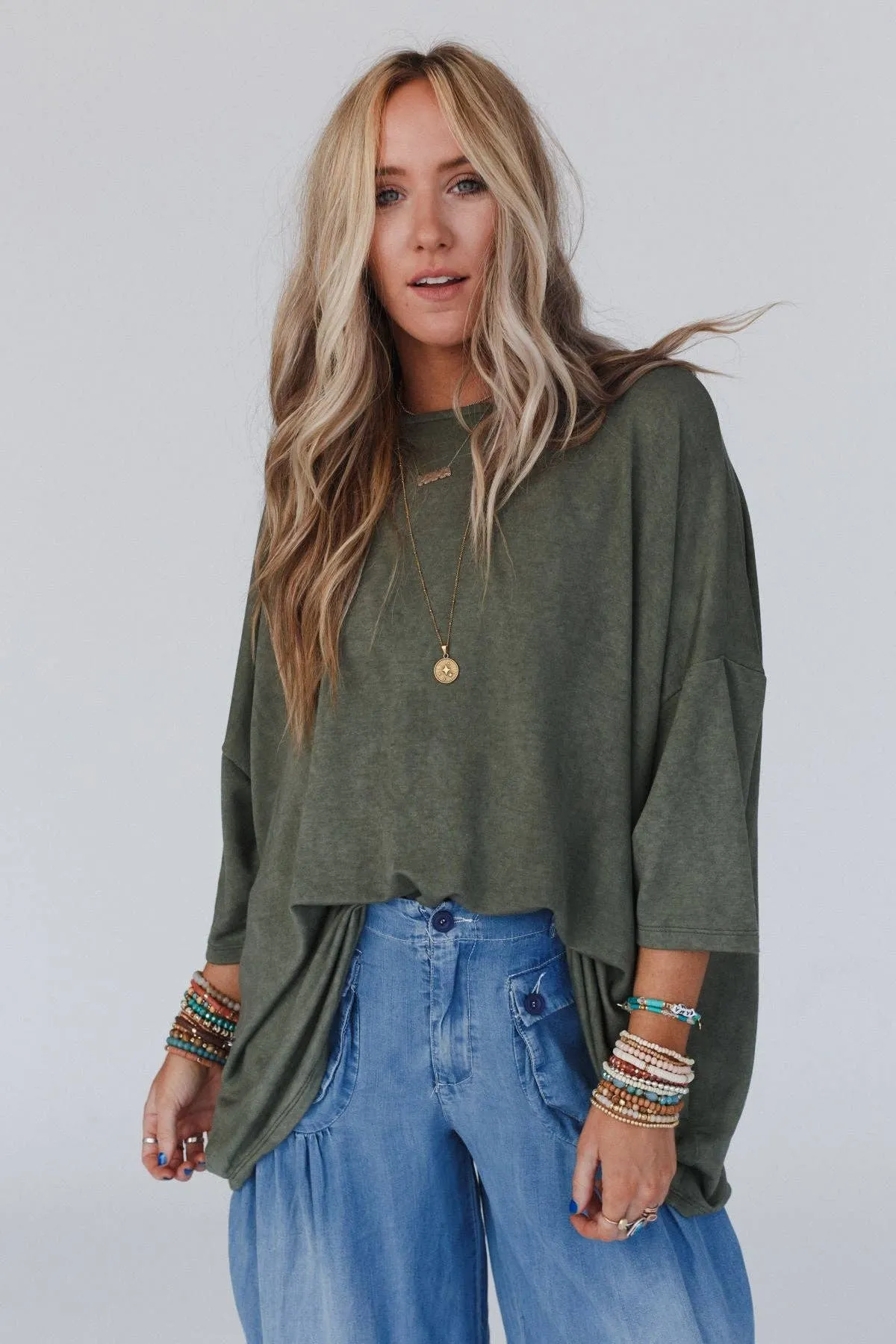 Three Bird Nest Sunday Stroll Oversized Tee - Olive